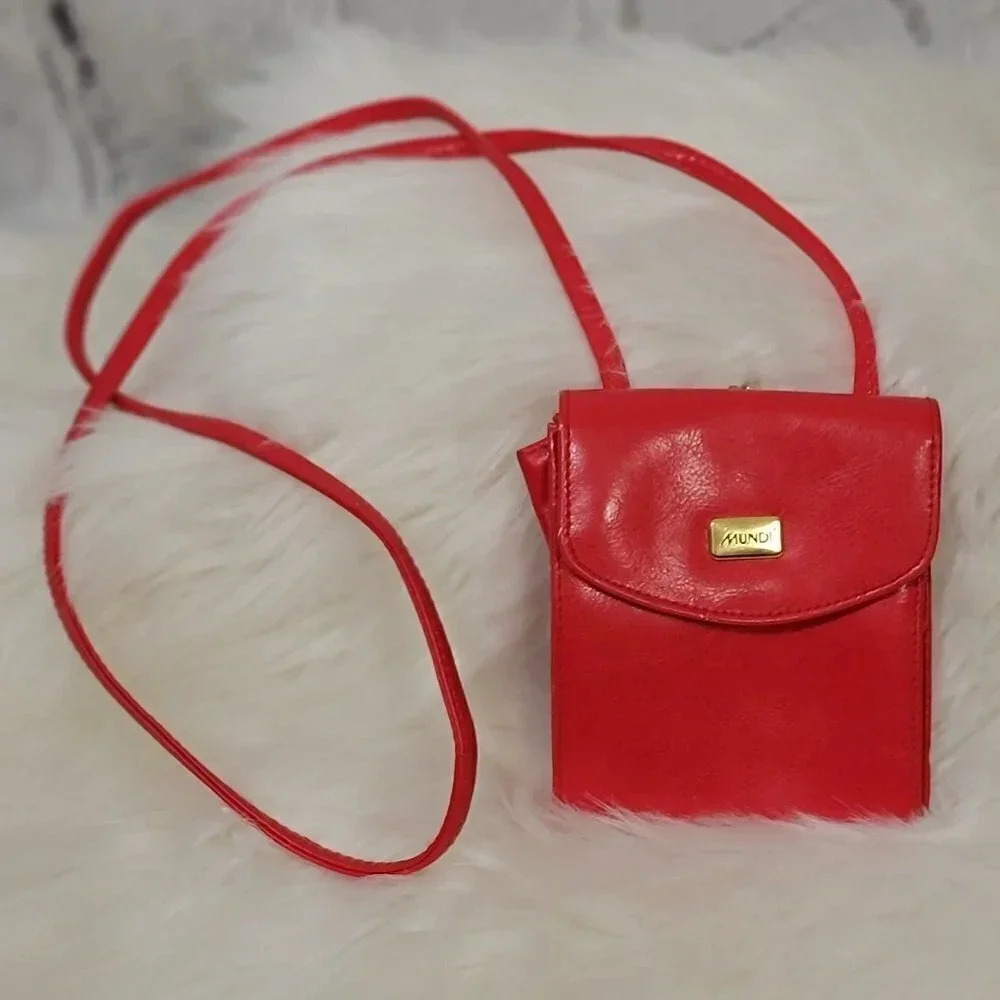VINTAGE Mundi Red Fold Over Crossbody Long Strap Small Purse